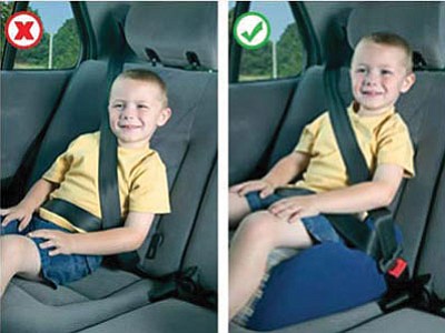In the photo at left, a child without a booster seat has the seat belt riding near his neck. At right, the addition of a booster seat allows the belt to fit properly.<br>
Courtesy photo