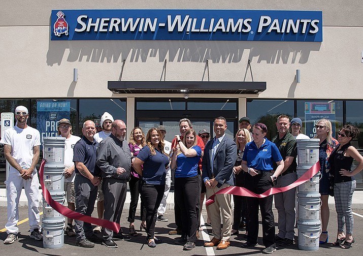The Chino Valley Area Chamber of Commerce, along with Town Vice -Mayor Eric Granillo and Town Manager Cindy Blakemore recently celebrated the grand opening of the newest Sherwin-Williams paint store with a ribbon cutting in Chino Valley. Store manager Jennifer Italian (c) handled the scissors accompanied by District Manager Nick Leroy, standing on her right. Area Sales reps Terry Cox and Jesi Rogers are to Jennifer’s left. For more information about the store, located at 446 W. Road 2 North, call them at 928-778-5120. (Chino Valley Chamber of Commerce/Courtesy)