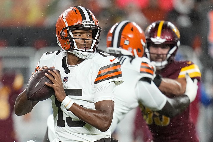 Cleveland Browns quarterback Joshua Dobbs looks to pass during the first half of a preseason game against the Washington Commanders on Friday, Aug. 11, 2023, in Cleveland. (Sue Ogrocki/AP)