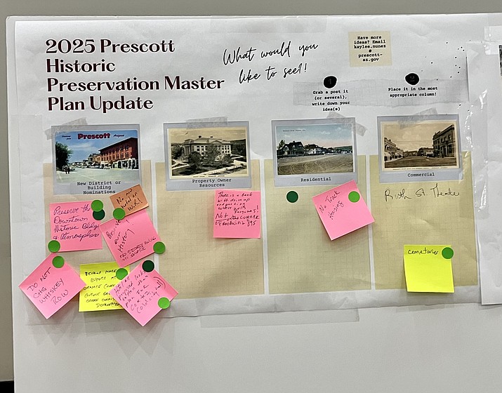 A display at the Historic Preservation station that was a part of a Prescott General Plan update open house meeting on Wednesday, Aug. 30, 2023, shows a number of local residents’ comments, most of which urge the city to preserve Prescott’s historic downtown and Whiskey Row. (Cindy Barks/Courier)