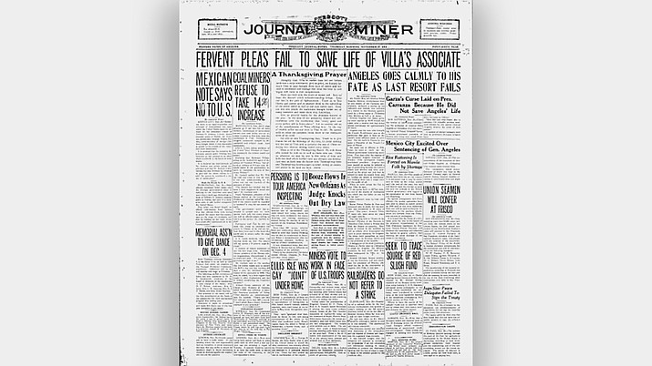 Nov. 27, 1919, Thanksgiving Day edition of the Prescott Journal Miner.