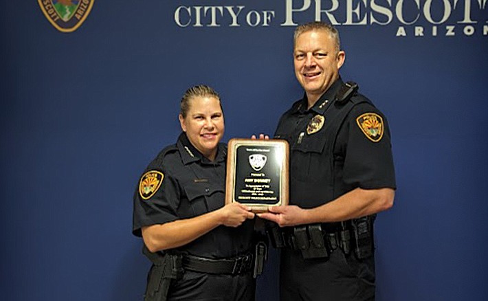 On Thursday, Aug. 17, 2023, the Prescott Police Department recognized its Chief Amy Bonney for 25 years of service. Twenty-five years is no small feat and the department took this opportunity to thank Bonney for all of her hard work and dedication. The City of Prescott also stated that it is thankful for the years of service and commitment that Bonney has given to the community and its residents. 
(Prescott Police/Courtesy)
